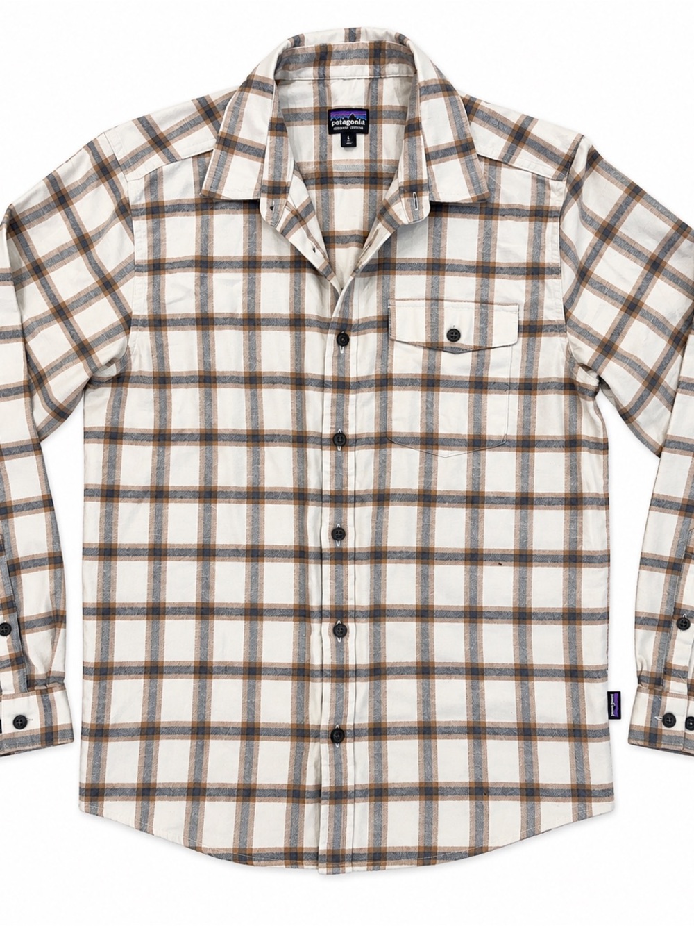 Patagonia Men’s Cream and Brown Plaid Button-Down Shirt